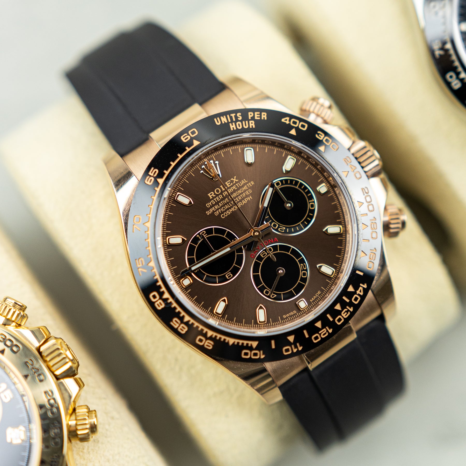 2022 Rolex COSMOGRAPH DAYTONA Everose Gold, Oysterflex, Chocolate Dial, 40mm 116500LN Available at RR Jewellers Yarm