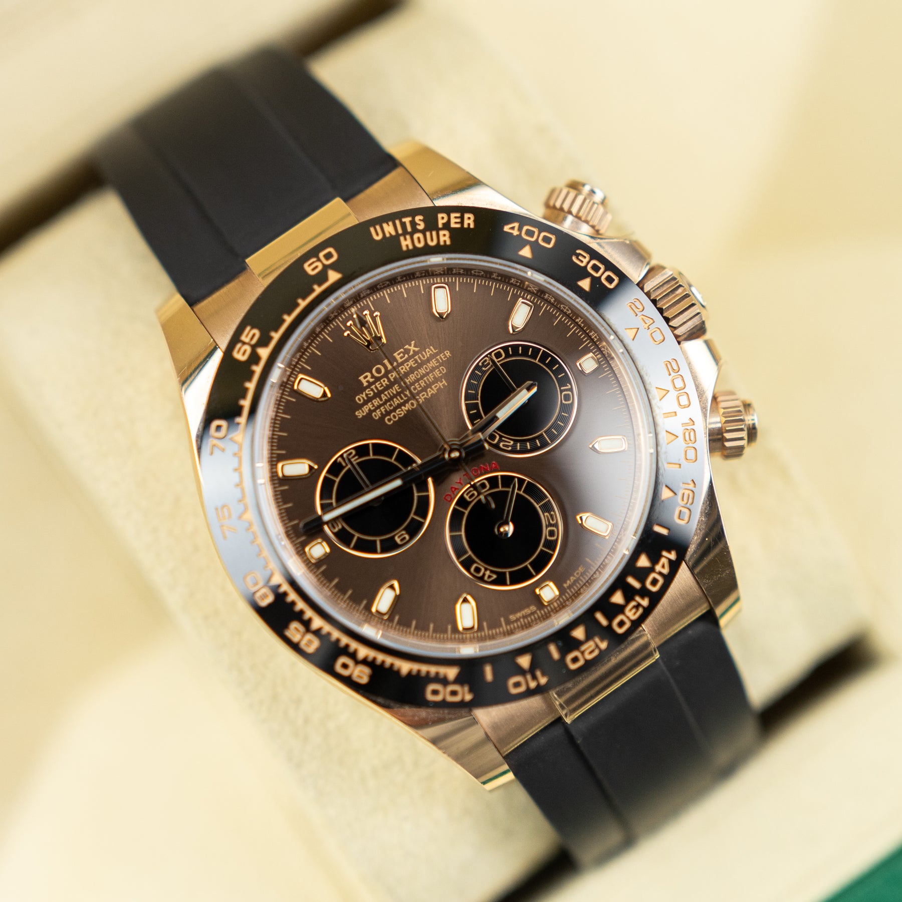 2022 Rolex COSMOGRAPH DAYTONA Everose Gold, Oysterflex, Chocolate Dial, 40mm 116500LN Available at RR Jewellers Yarm