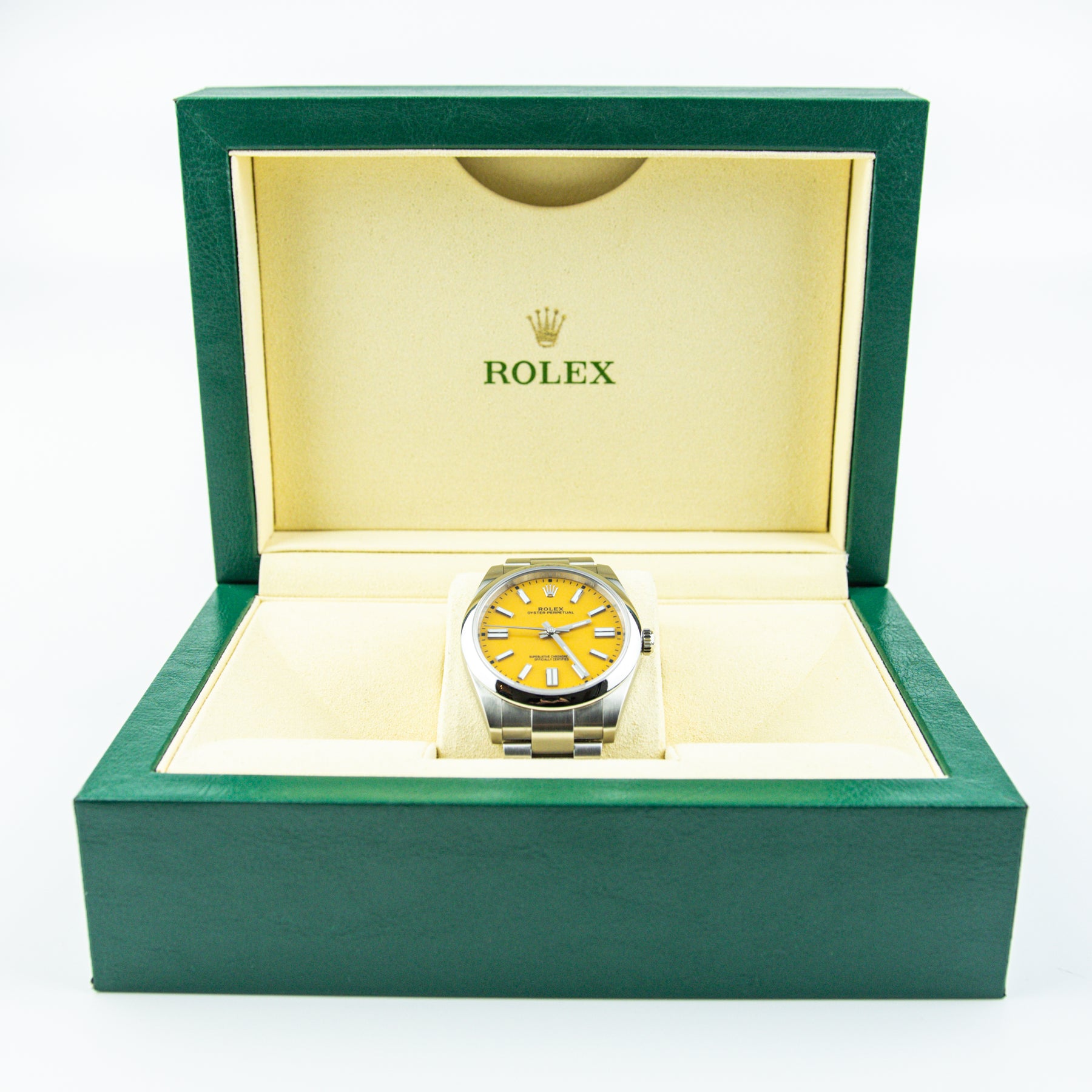 Unworn Pre - Owned 2021 Rolex OYSTER PERPETUAL 41mm Oystersteel Yellow Dial 124300 at RR Jewellers Yarm