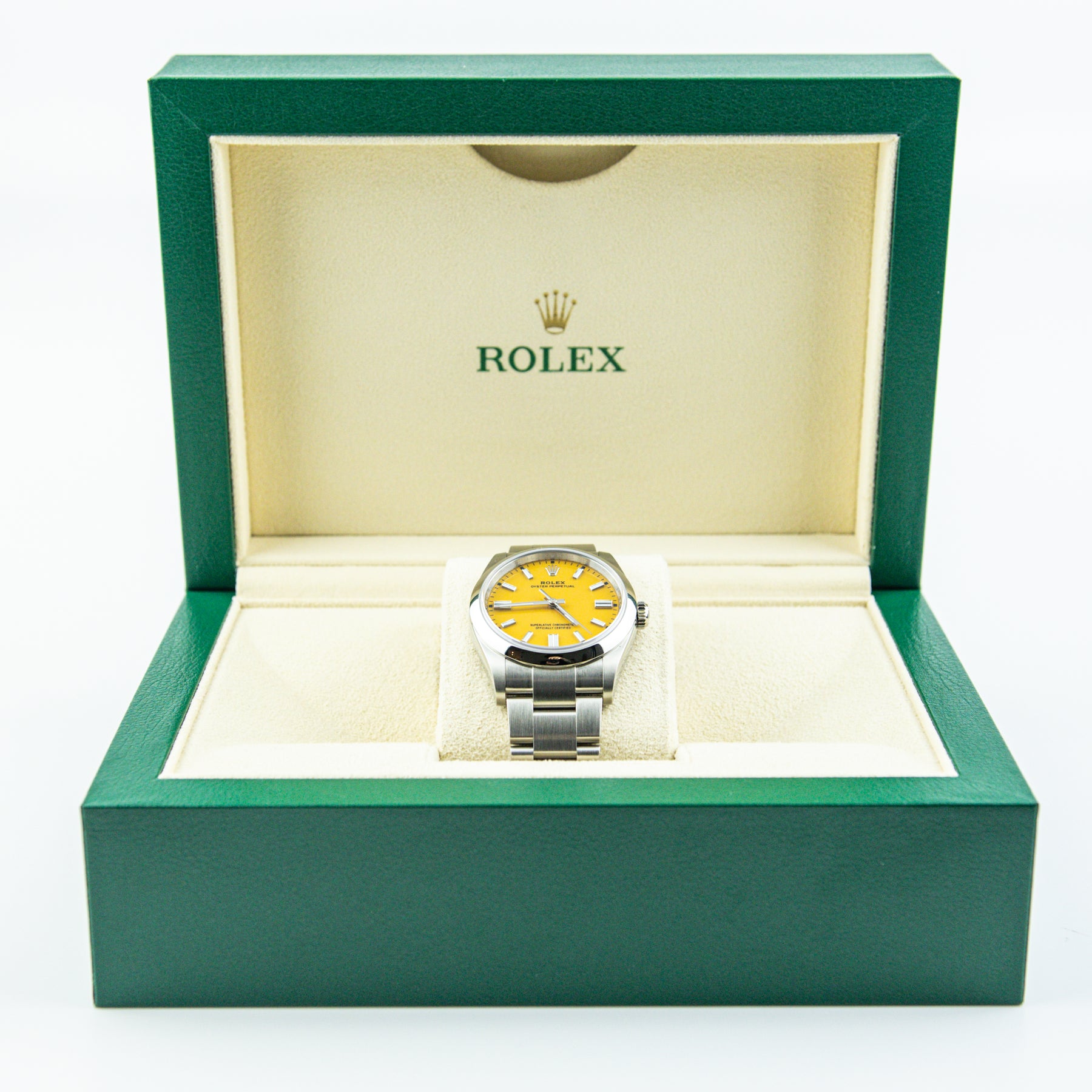Unworn Pre - Owned 2022 Rolex OYSTER PERPETUAL 36mm Oystersteel Yellow Dial 126000 RR Jewellers Yarm