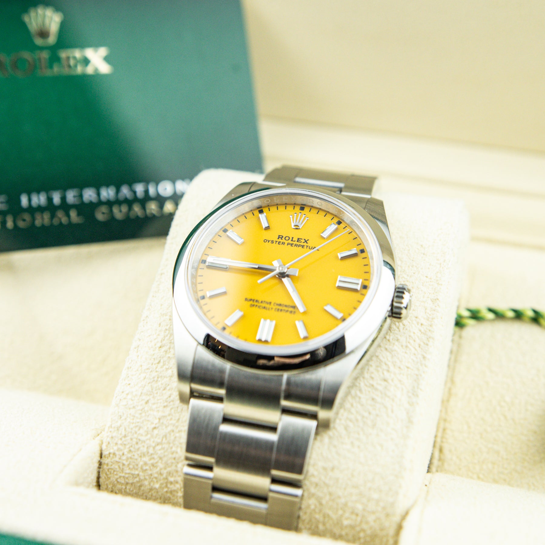 Unworn Pre - Owned 2022 Rolex OYSTER PERPETUAL 36mm Oystersteel Yellow Dial 126000 RR Jewellers Yarm
