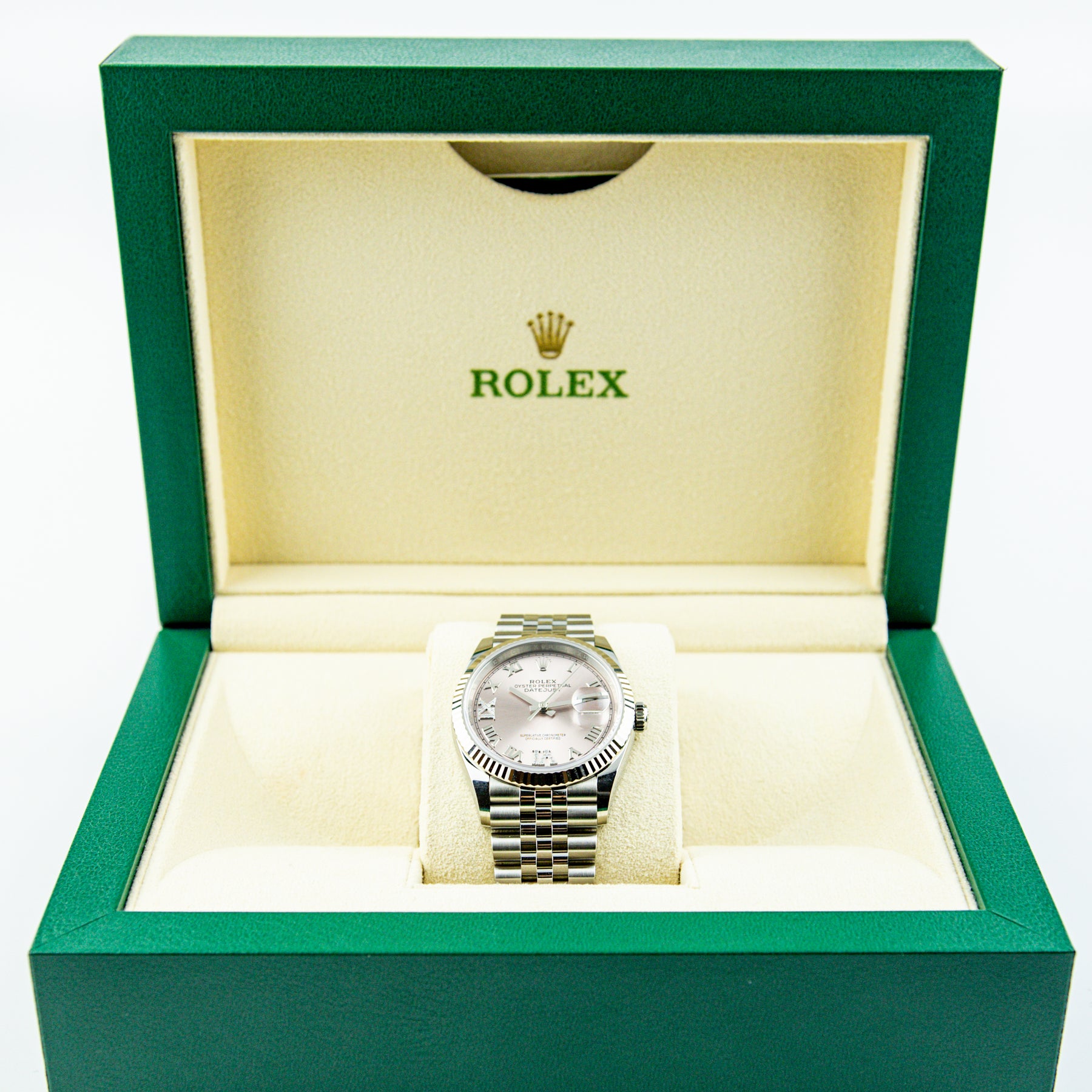 2023 Rolex DATEJUST 36mm Steel Pink Dial Roman VI IX AT RR JEWELLERS YARM