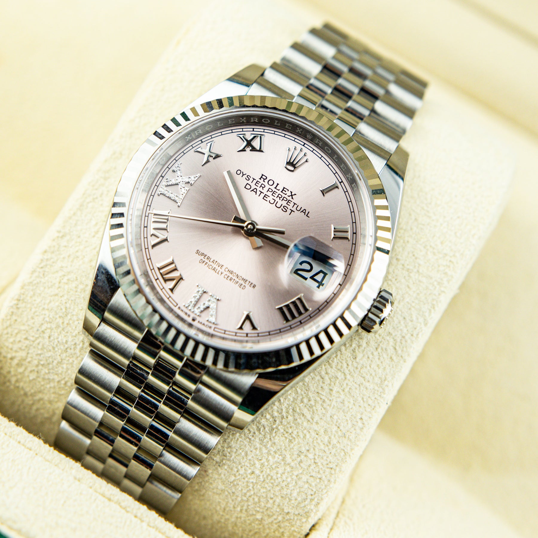 2023 Rolex DATEJUST 36mm Steel Pink Dial Roman VI IX AT RR JEWELLERS YARM