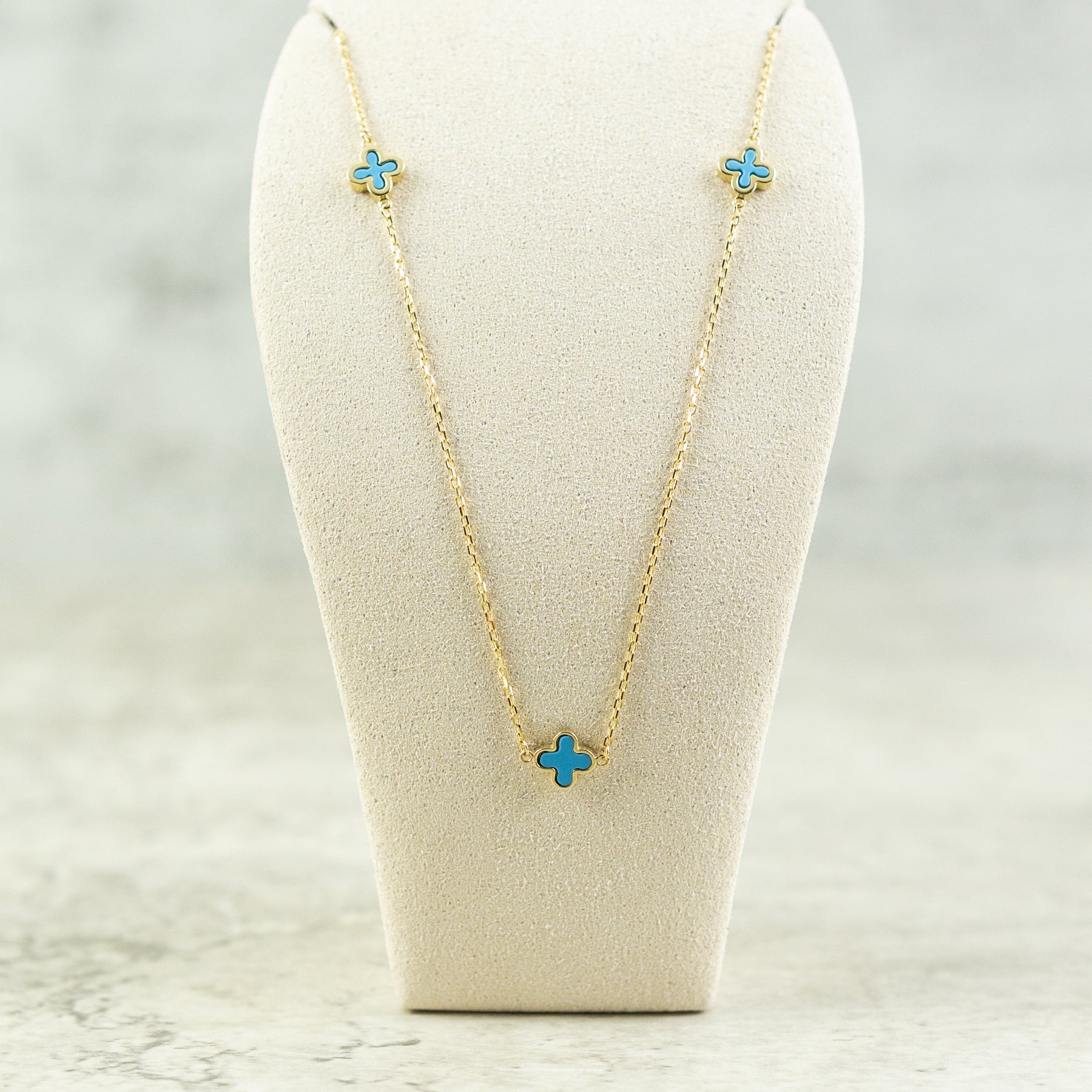 9ct Yellow Gold 3 Turquoise Petal Necklace AT RR JEWELLERS YARM