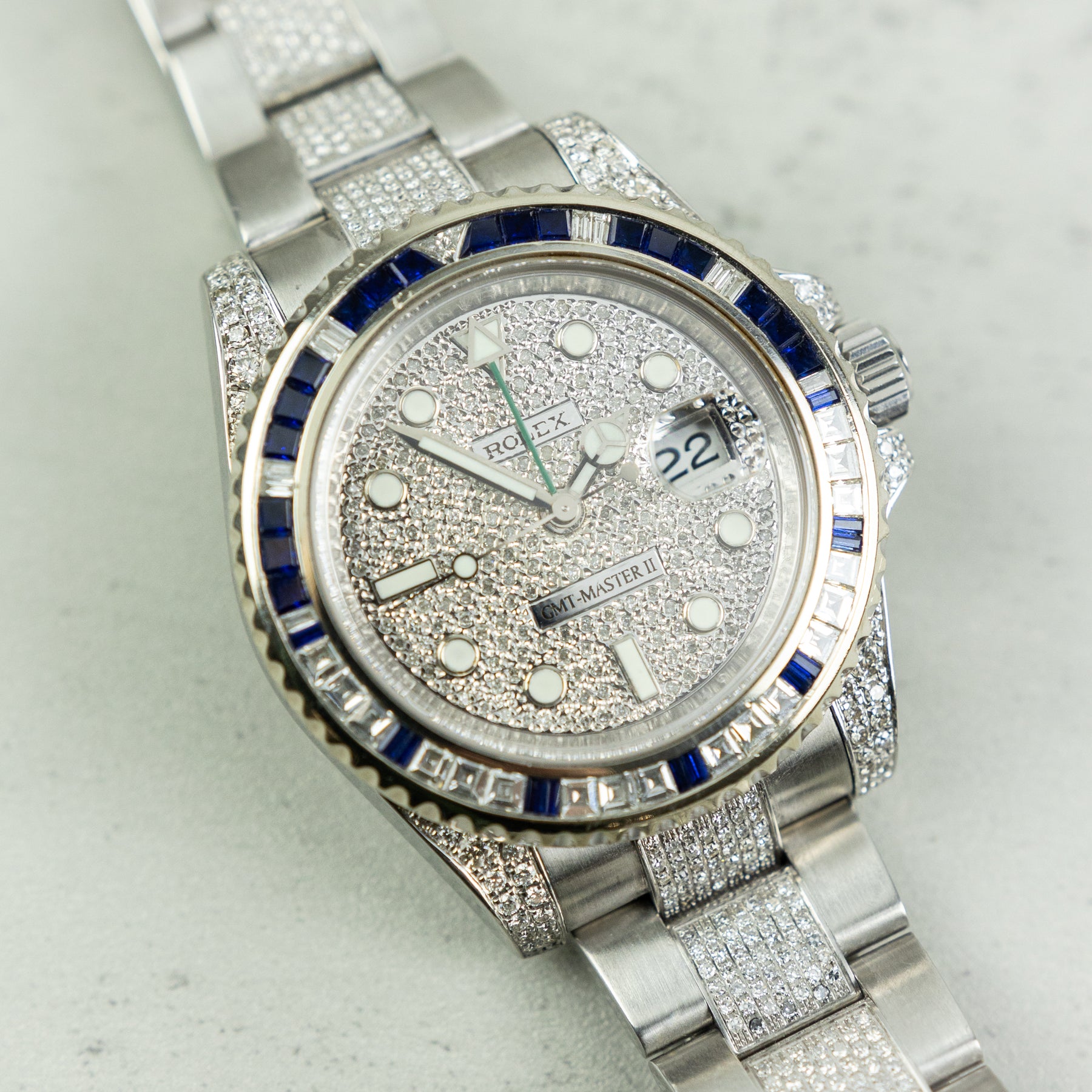 Pre - Owned Worn 2013 Rolex GMT-Master II 40mm Custom Diamond Dial, Case, Bracelet 116710LN Full set with box, papers & spare link YARM RR JEWELLERS
