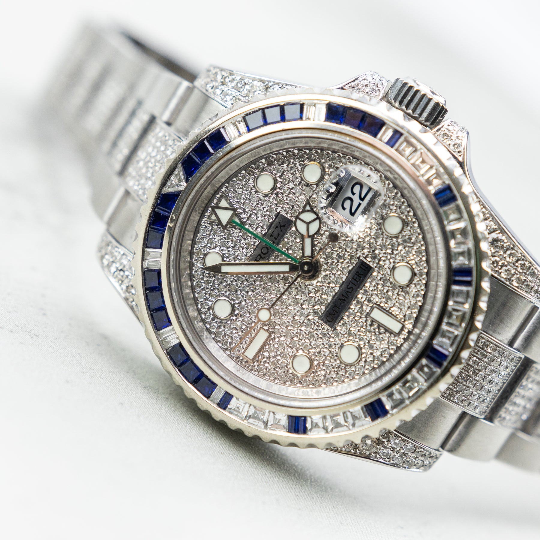 Pre - Owned Worn 2013 Rolex GMT-Master II 40mm Custom Diamond Dial, Case, Bracelet 116710LN Full set with box, papers & spare link YARM RR JEWELLERS