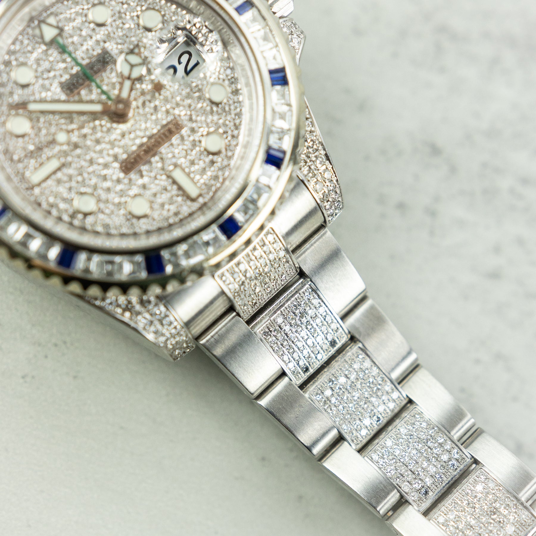 Pre - Owned Worn 2013 Rolex GMT-Master II 40mm Custom Diamond Dial, Case, Bracelet 116710LN Full set with box, papers & spare link YARM RR JEWELLERS