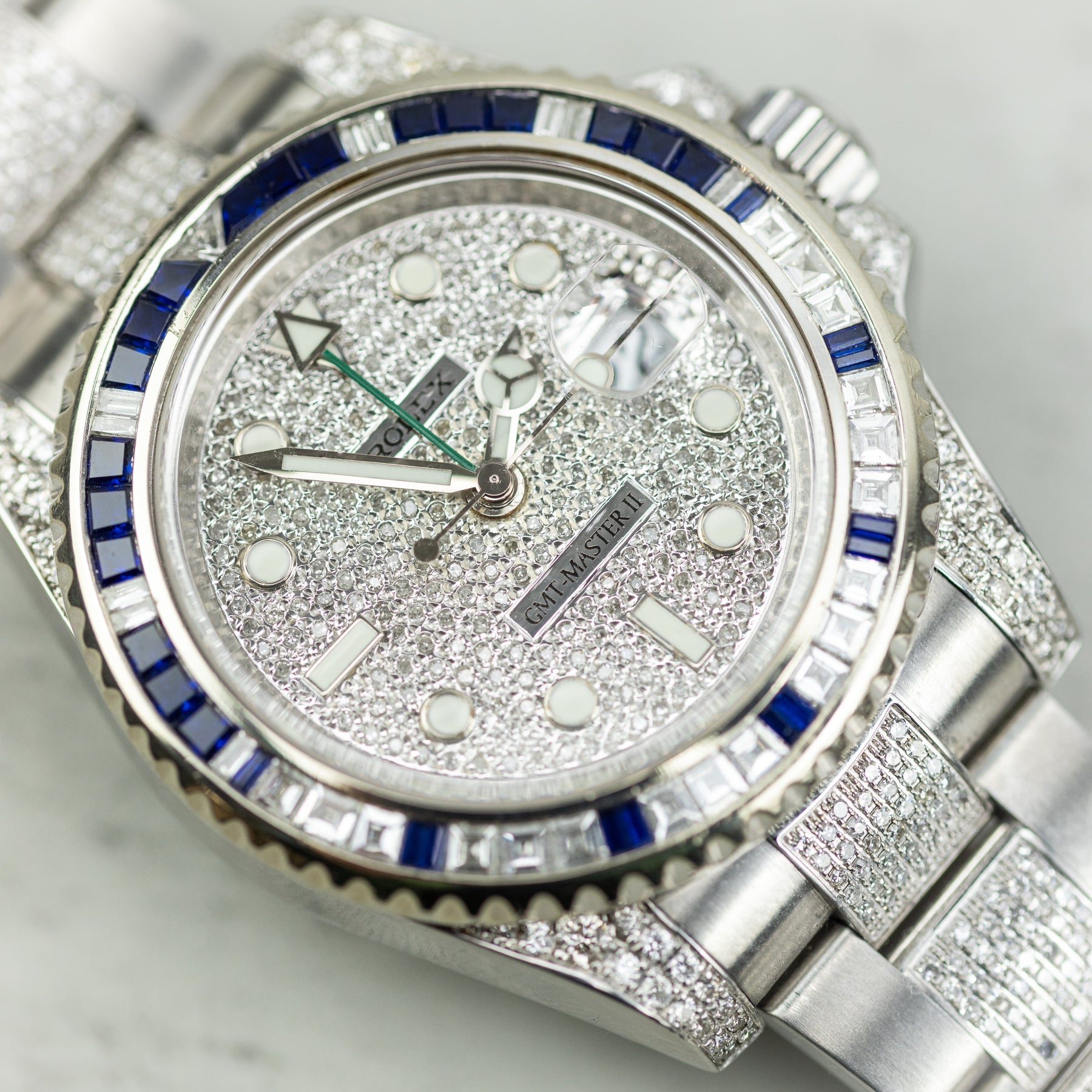Pre - Owned Worn 2013 Rolex GMT-Master II 40mm Custom Diamond Dial, Case, Bracelet 116710LN Full set with box, papers & spare link YARM RR JEWELLERS