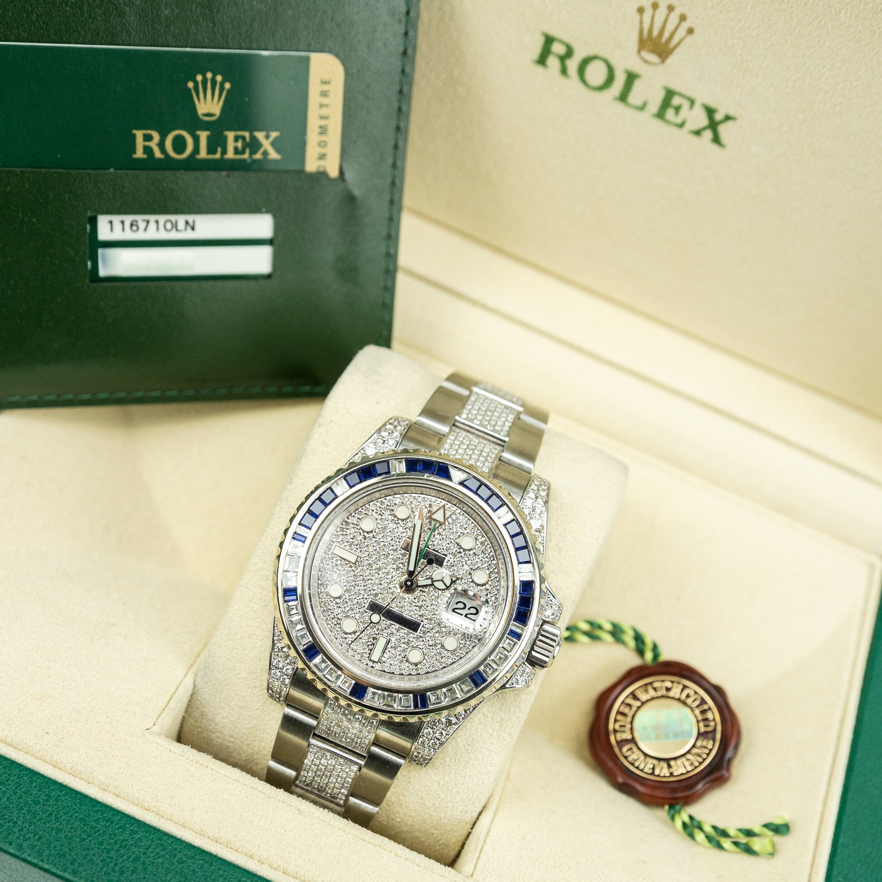 Pre - Owned Worn 2013 Rolex GMT-Master II 40mm Custom Diamond Dial, Case, Bracelet 116710LN Full set with box, papers & spare link YARM RR JEWELLERS