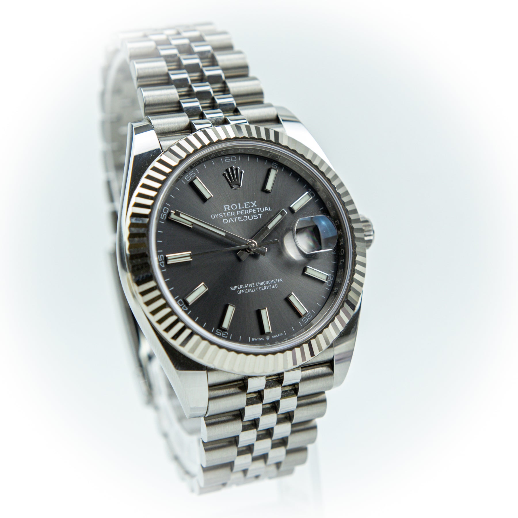 Worn Pre - Owned 2021 Rolex DATEJUST 41mm Oystersteel, White Gold Fluted Bezel, Grey Dial, Full set with box & papers available at RR JEWELLERS YARM