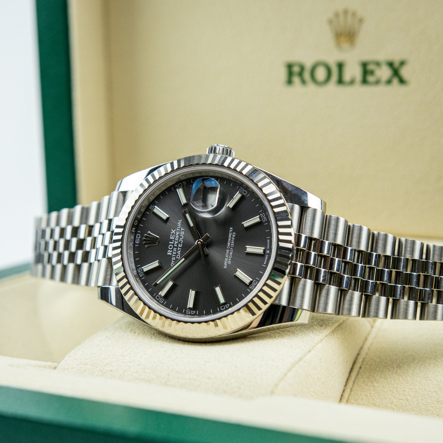 Worn Pre - Owned 2021 Rolex DATEJUST 41mm Oystersteel, White Gold Fluted Bezel, Grey Dial, Full set with box & papers available at RR JEWELLERS YARM
