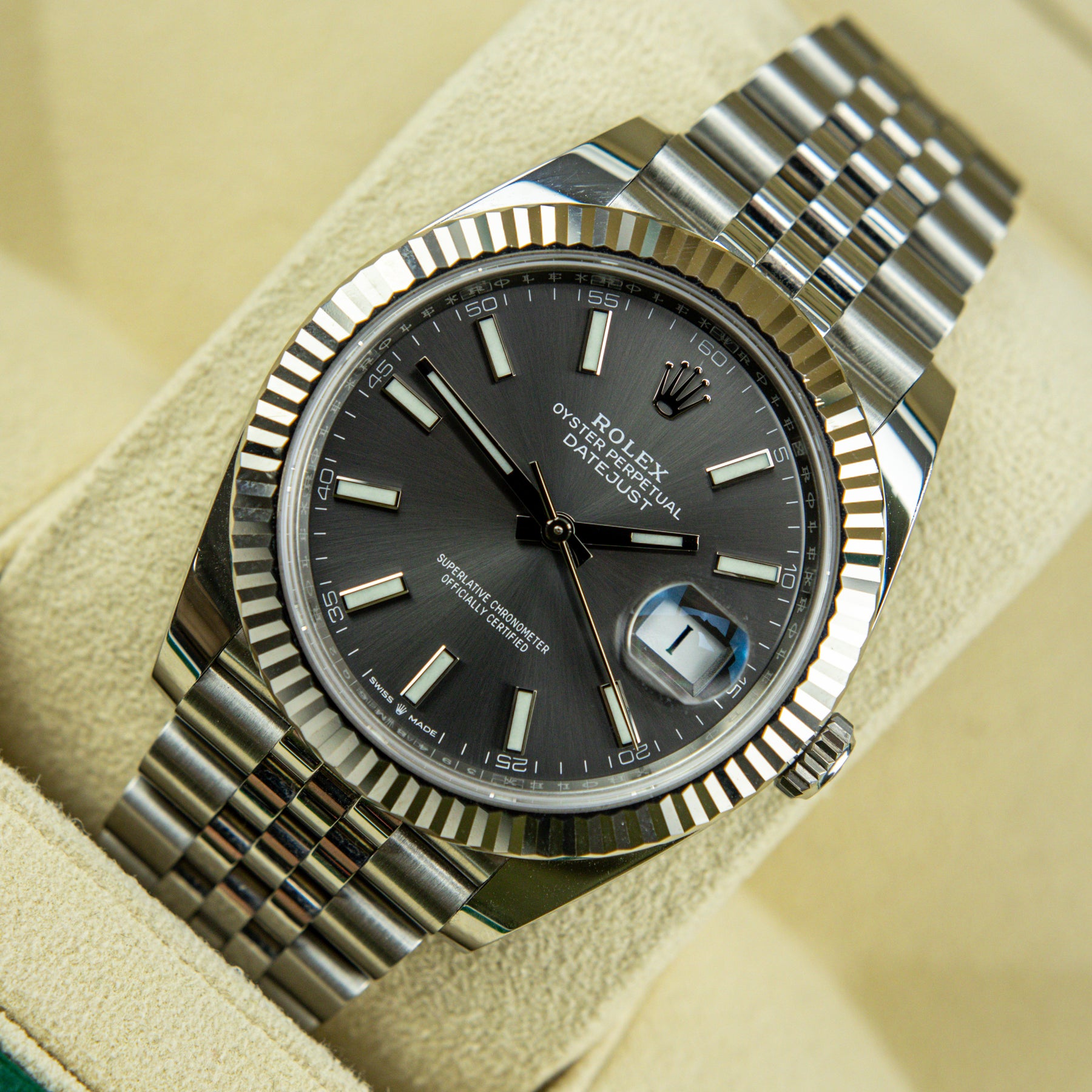 Worn Pre - Owned 2021 Rolex DATEJUST 41mm Oystersteel, White Gold Fluted Bezel, Grey Dial, Full set with box & papers available at RR JEWELLERS YARM