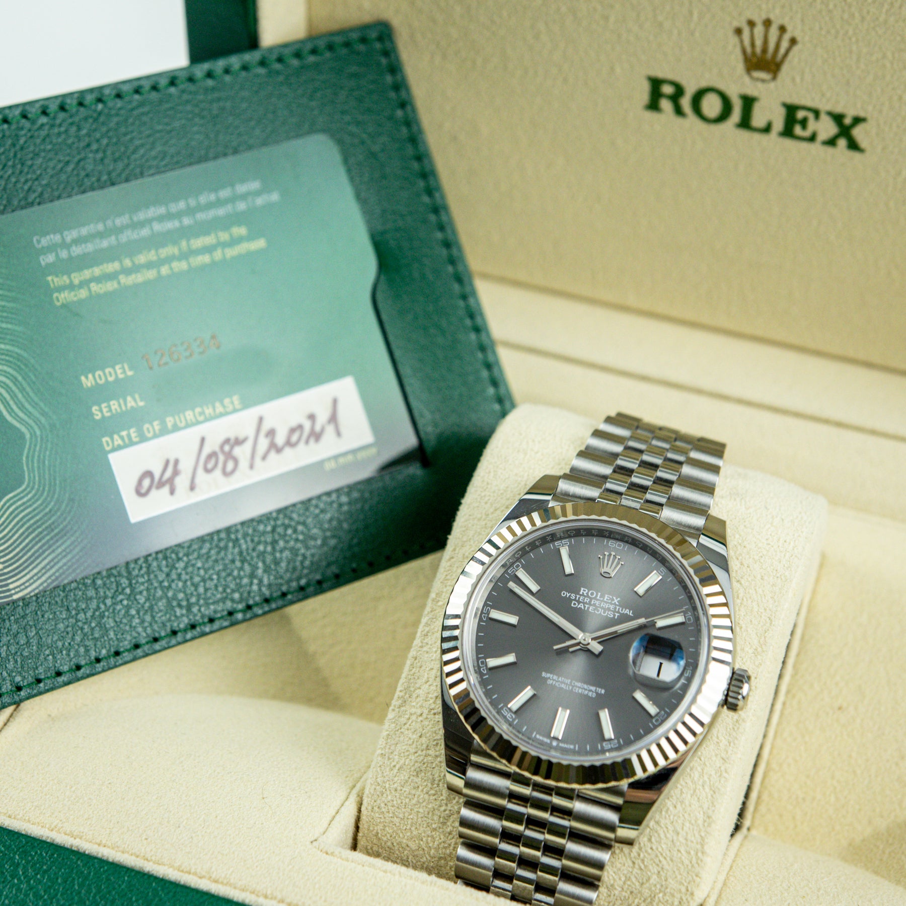 Worn Pre - Owned 2021 Rolex DATEJUST 41mm Oystersteel, White Gold Fluted Bezel, Grey Dial, Full set with box & papers available at RR JEWELLERS YARM