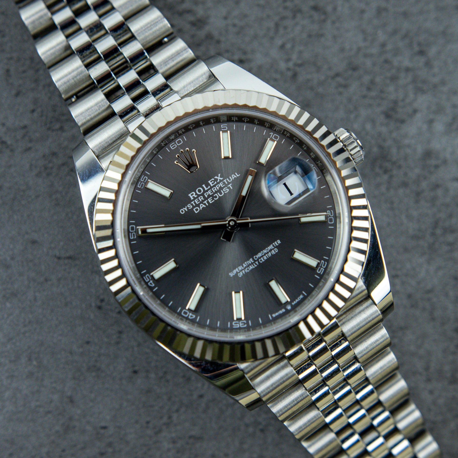 Worn Pre - Owned 2021 Rolex DATEJUST 41mm Oystersteel, White Gold Fluted Bezel, Grey Dial, Full set with box & papers available at RR JEWELLERS YARM
