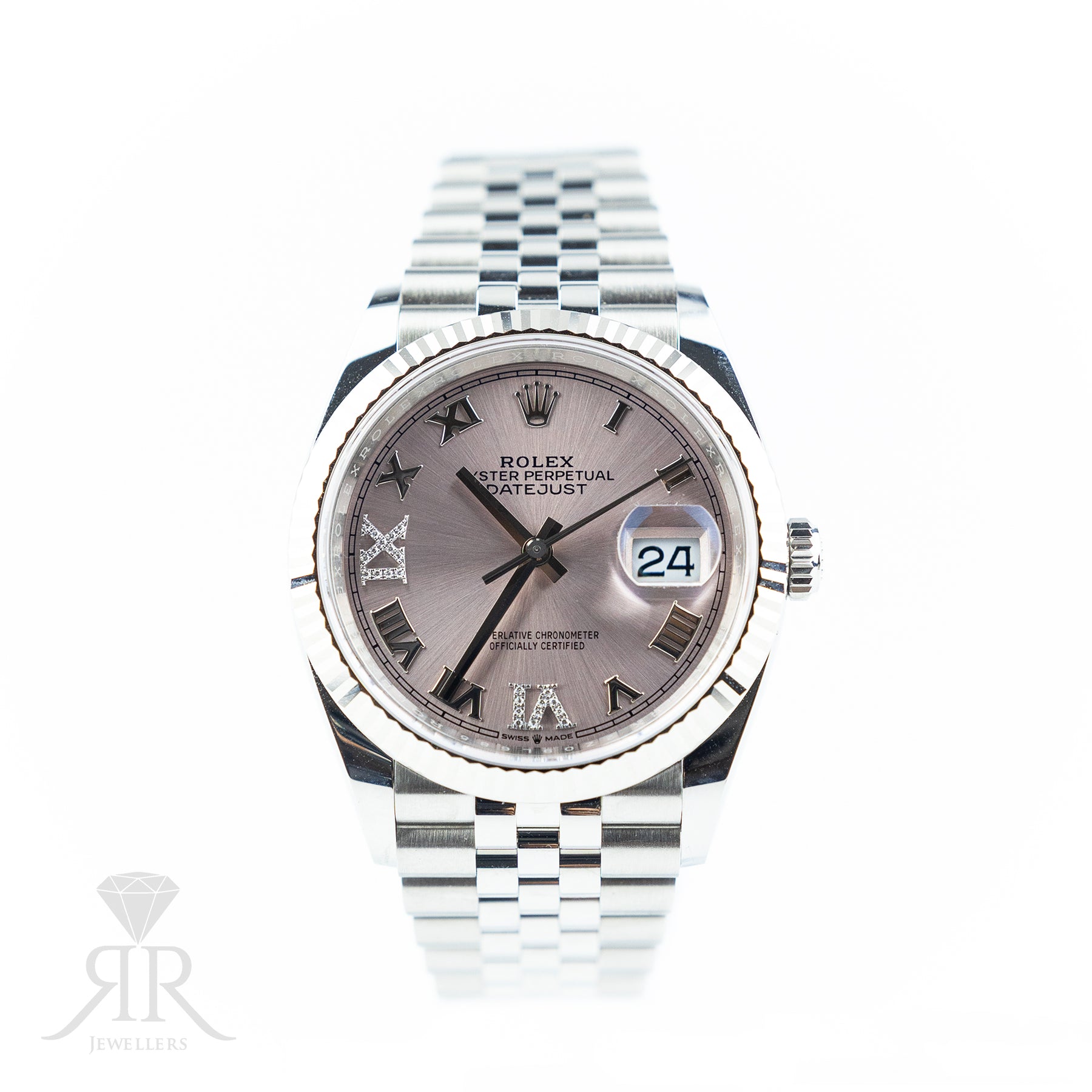 2023 Rolex DATEJUST 36mm Steel Pink Dial Roman VI IX AT RR JEWELLERS YARM