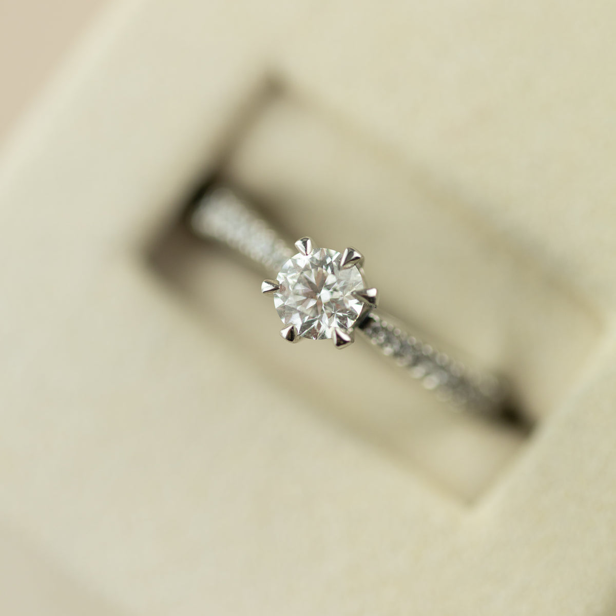 Platinum 0.50ct GIA certificated 6 claw solitaire ring with diamond set shoulders