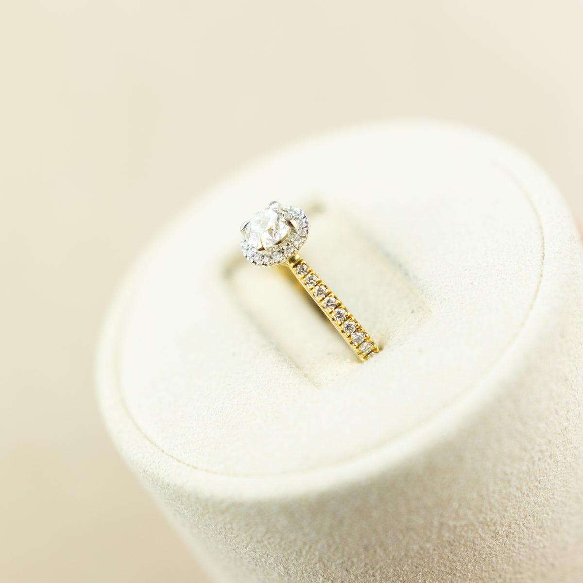 18ct yellow gold 0.50ct round GIA certificated diamond halo ring