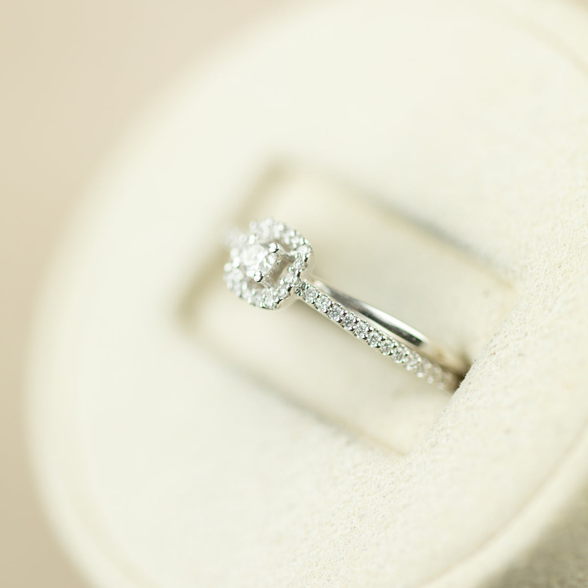 9ct white gold certified diamond princess halo with a contemporary twist ring