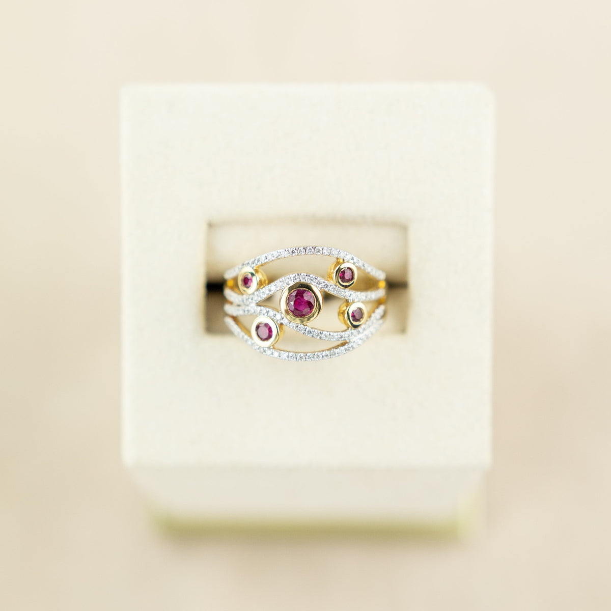 9 Karat Yellow Gold Ruby & Diamond Raindrop Ring