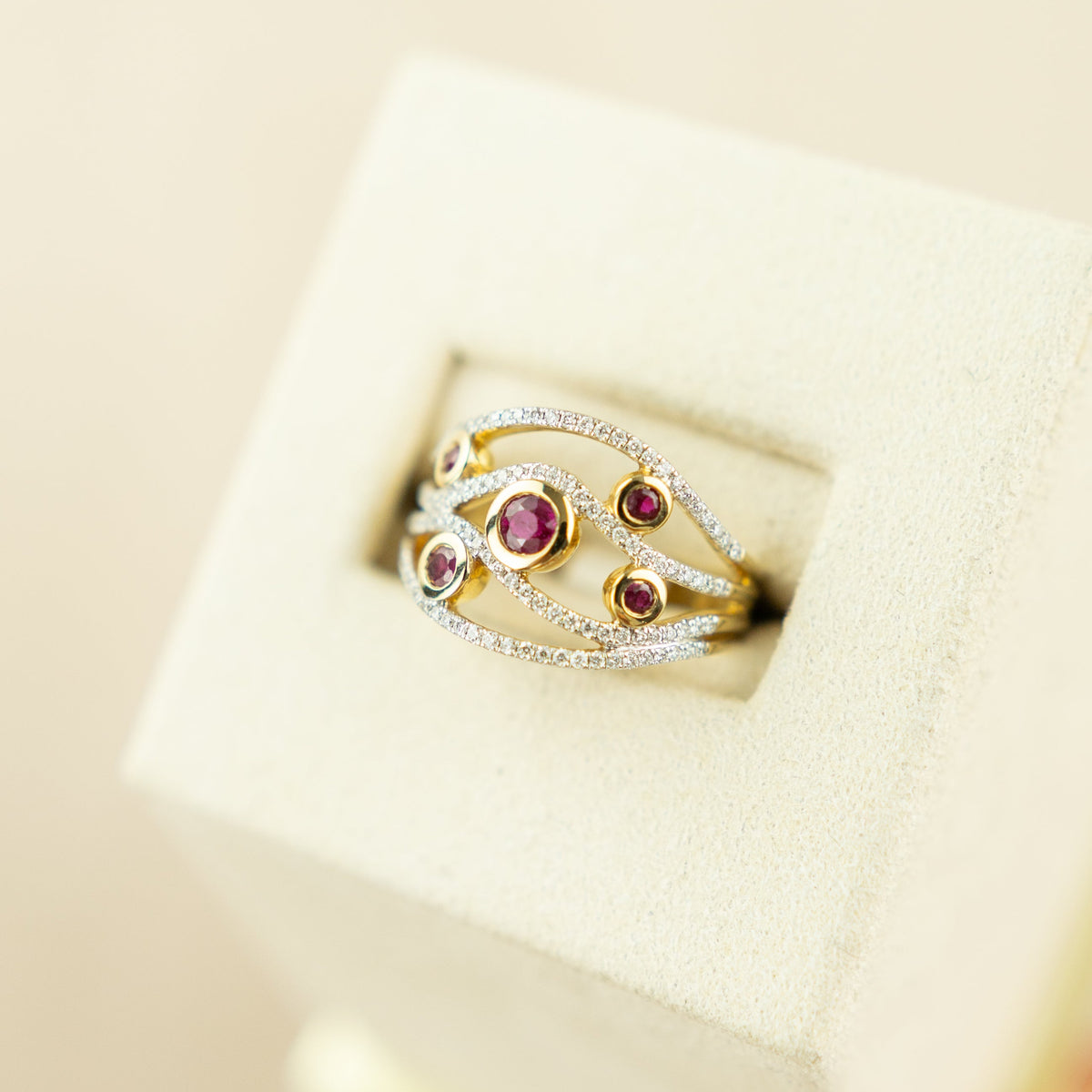 9 Karat Yellow Gold Ruby & Diamond Raindrop Ring