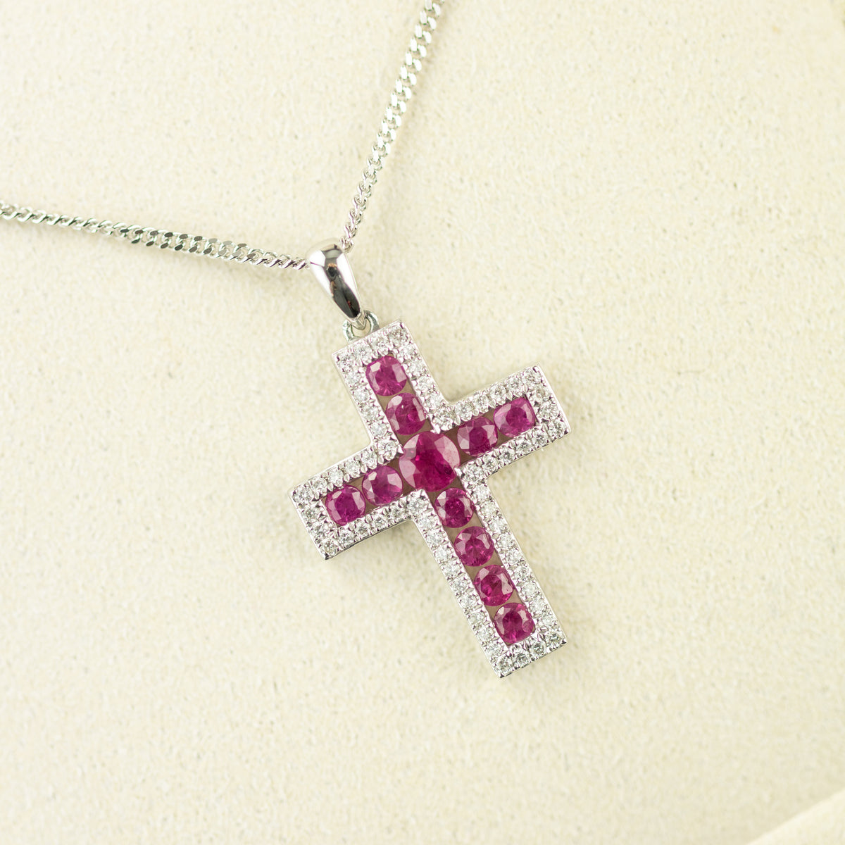 18 Karat White Gold Ruby & Diamond Cross Pendant