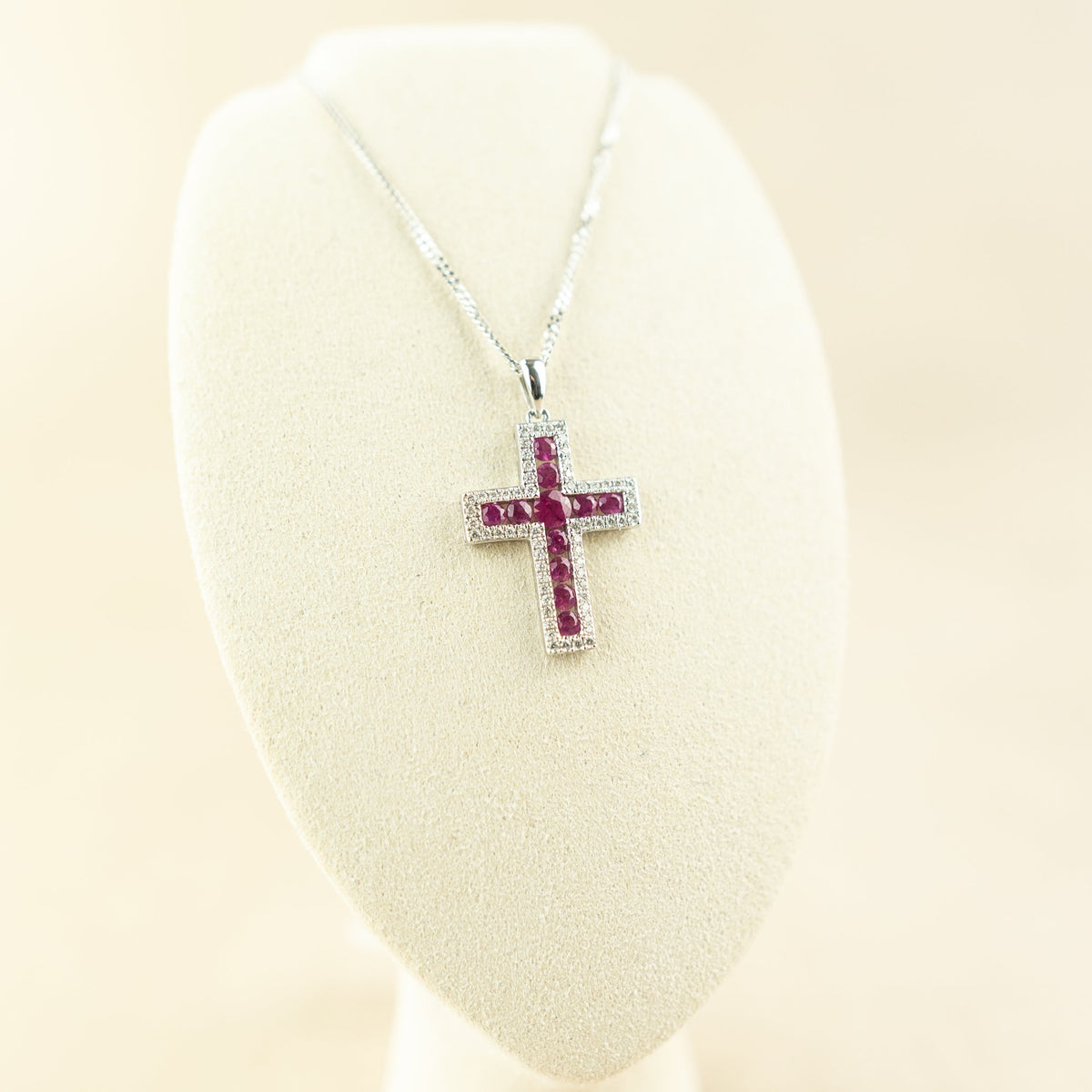 18 Karat White Gold Ruby & Diamond Cross Pendant