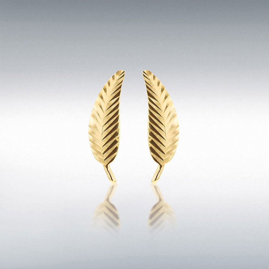 9ct yellow gold diamond cut leaf stud earrings