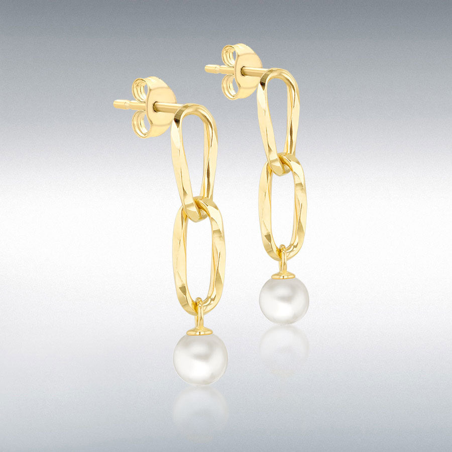9ct yellow gold double textured link freshwater pearl drop earrings