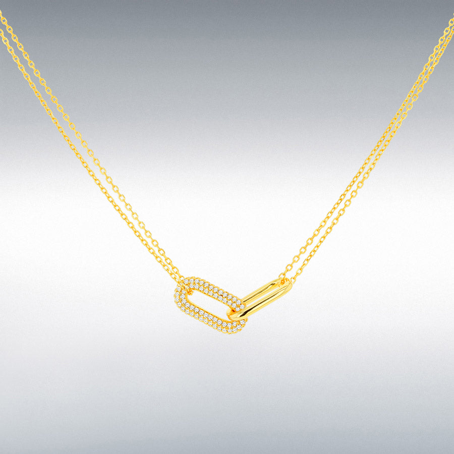 Designer inspired gold plated sterling silver pavé & polished double link necklace