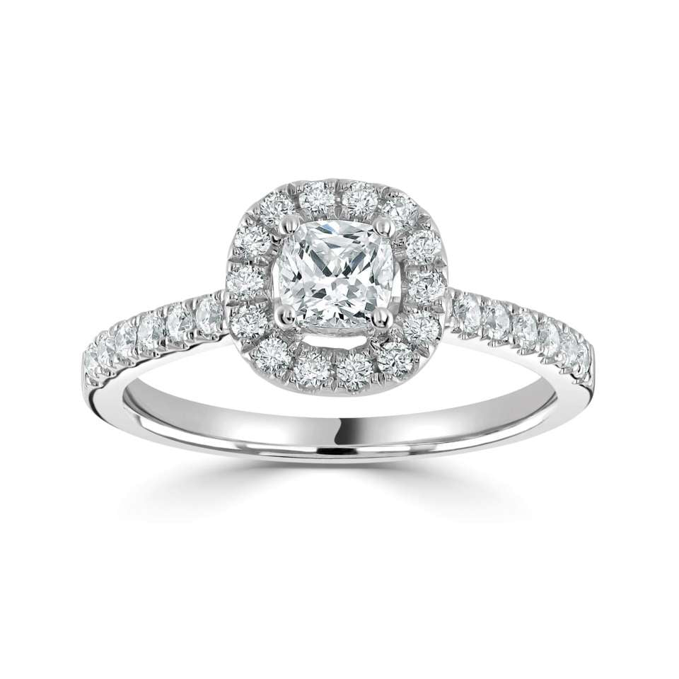 Platinum 0.70ct cushion cut diamond halo ring with diamond set shoulders