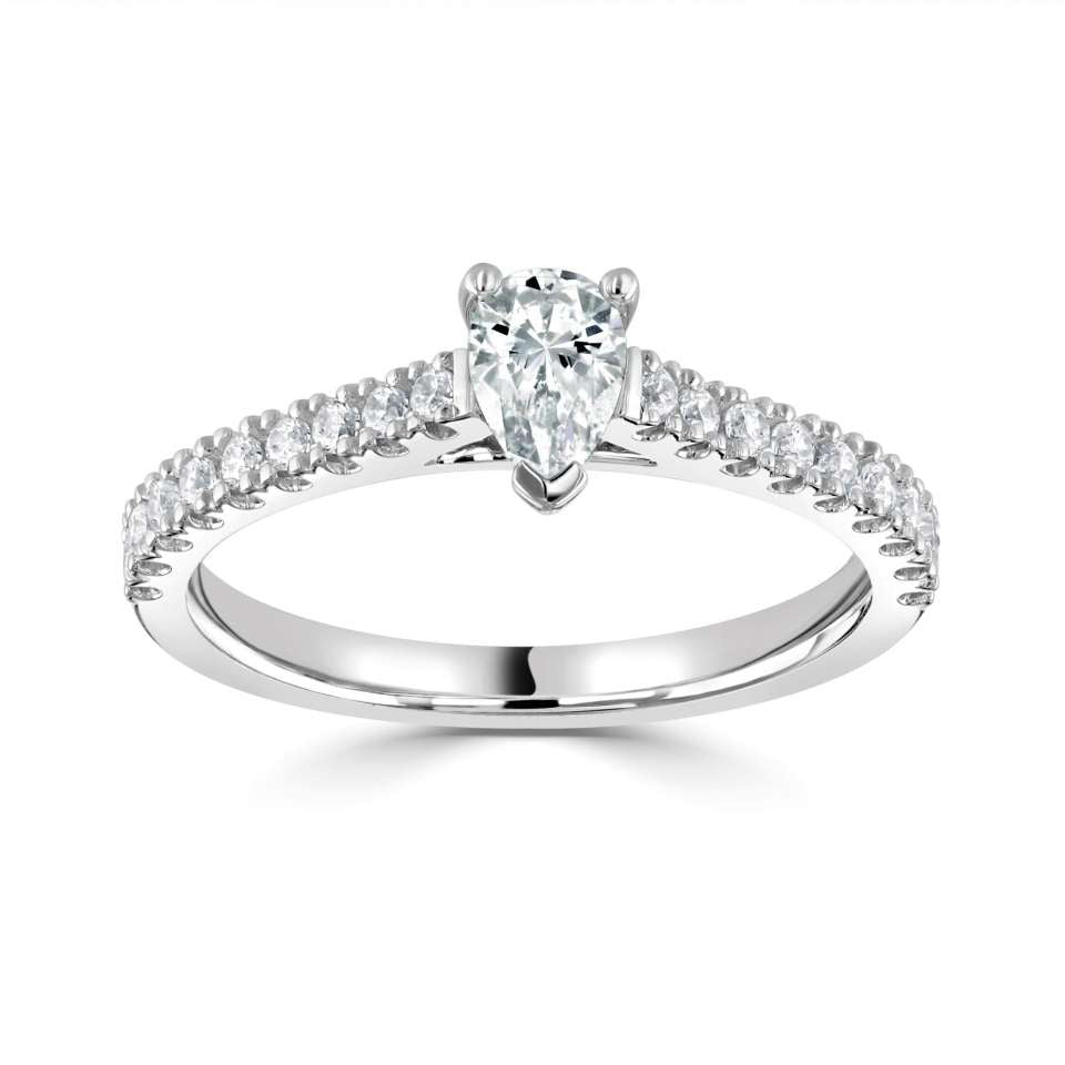 Platinum pear cut 0.70ct solitaire ring with diamond set shoulders