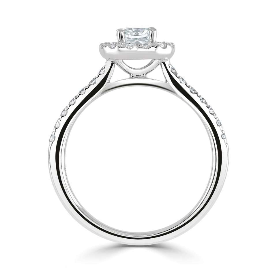 Platinum 0.70ct cushion cut diamond halo ring with diamond set shoulders
