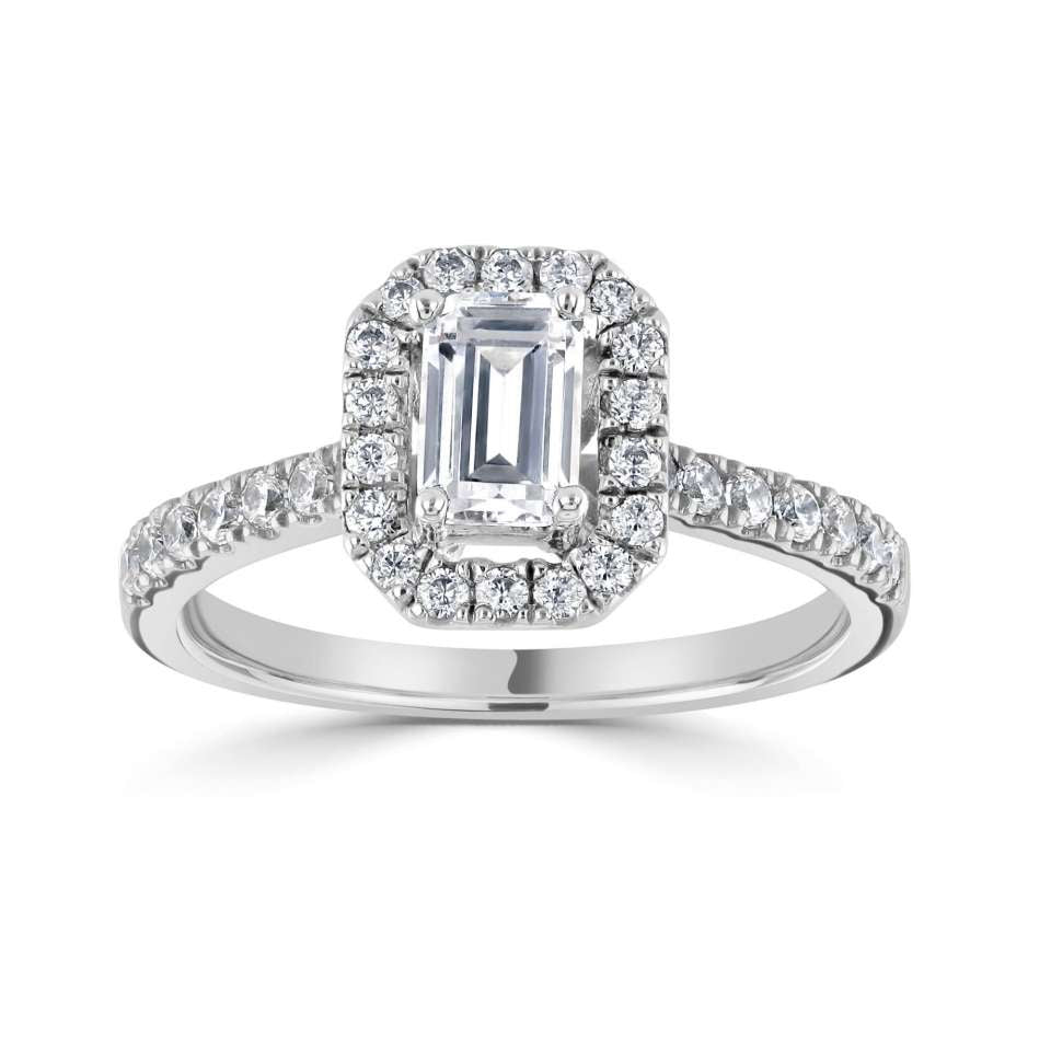 Platinum 0.33ct emerald cut lab diamond halo ring with diamond shoulders