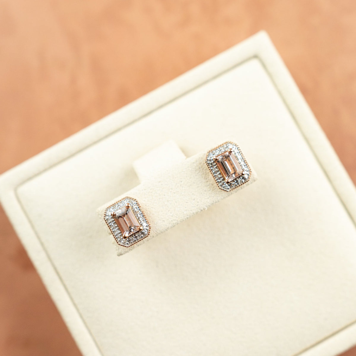 9 Karat Rose Gold Emerald Cut Morganite & Diamond Halo Earrings