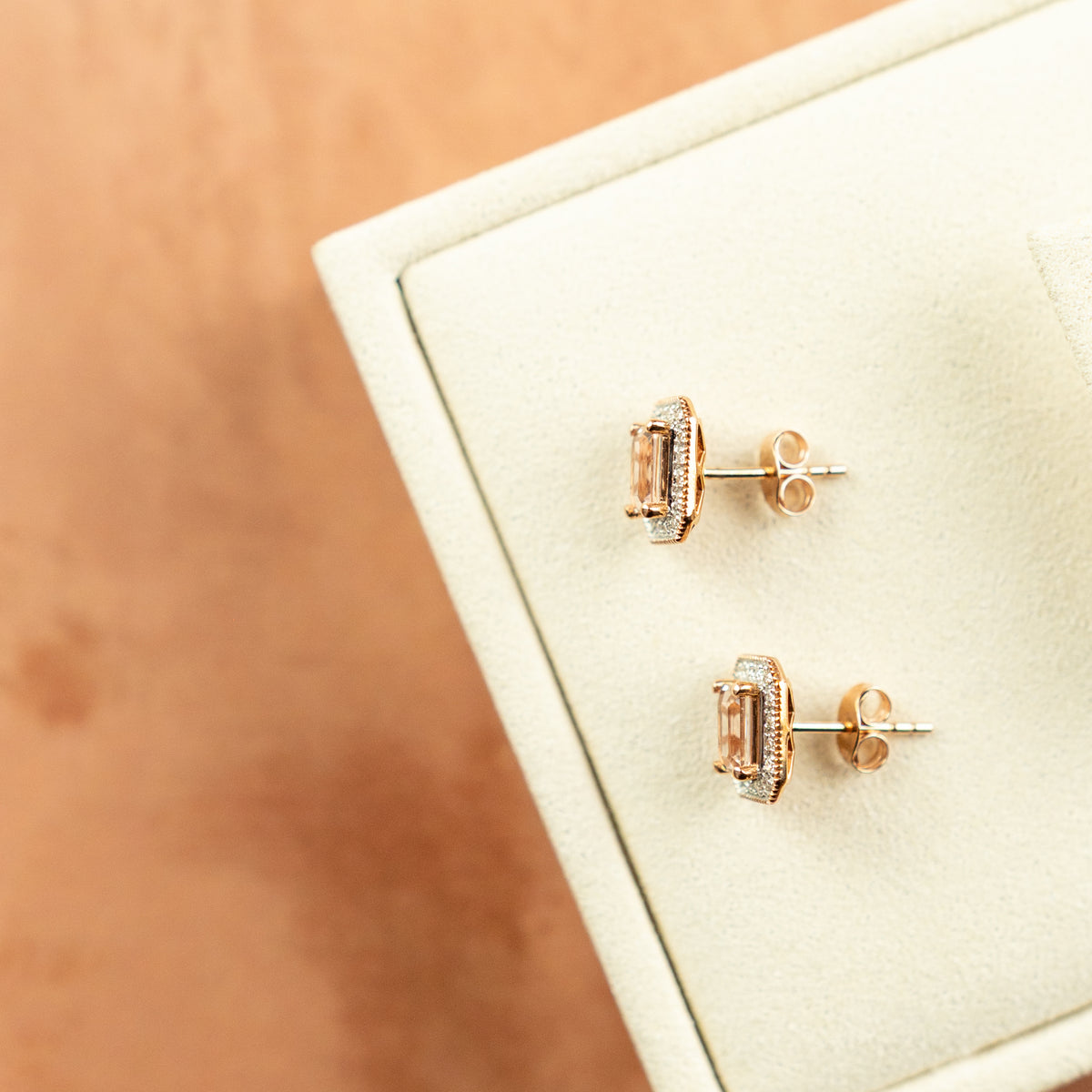 9 Karat Rose Gold Emerald Cut Morganite & Diamond Halo Earrings