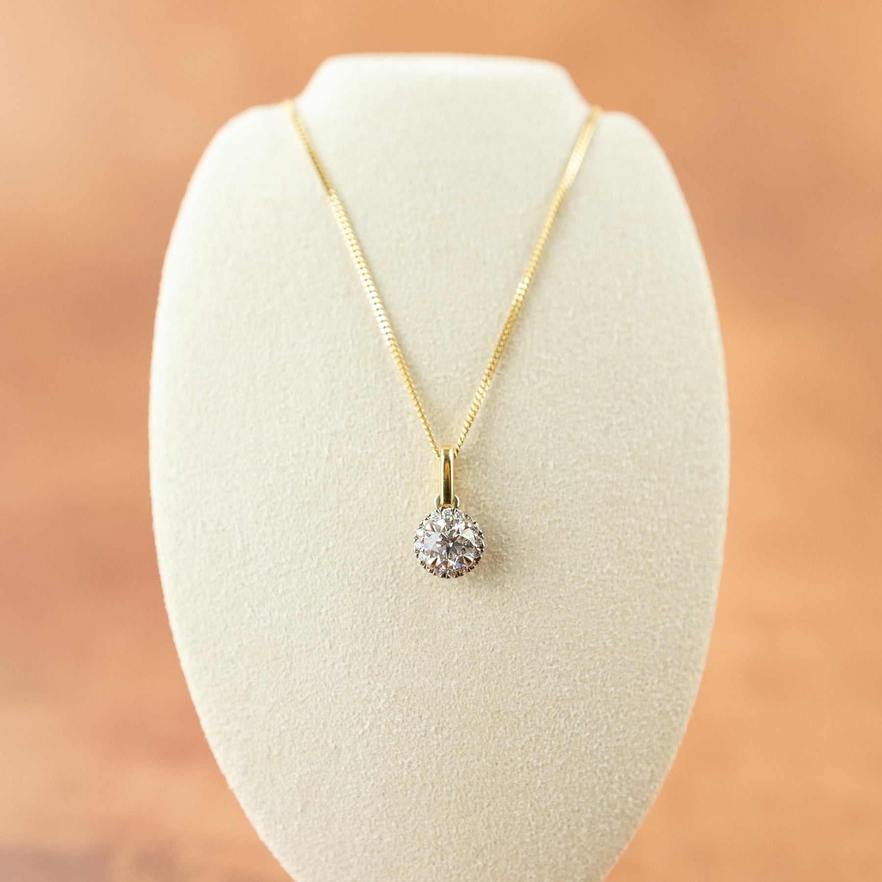 18 Karat Yellow Gold GIA Diamond Halo Pendant
