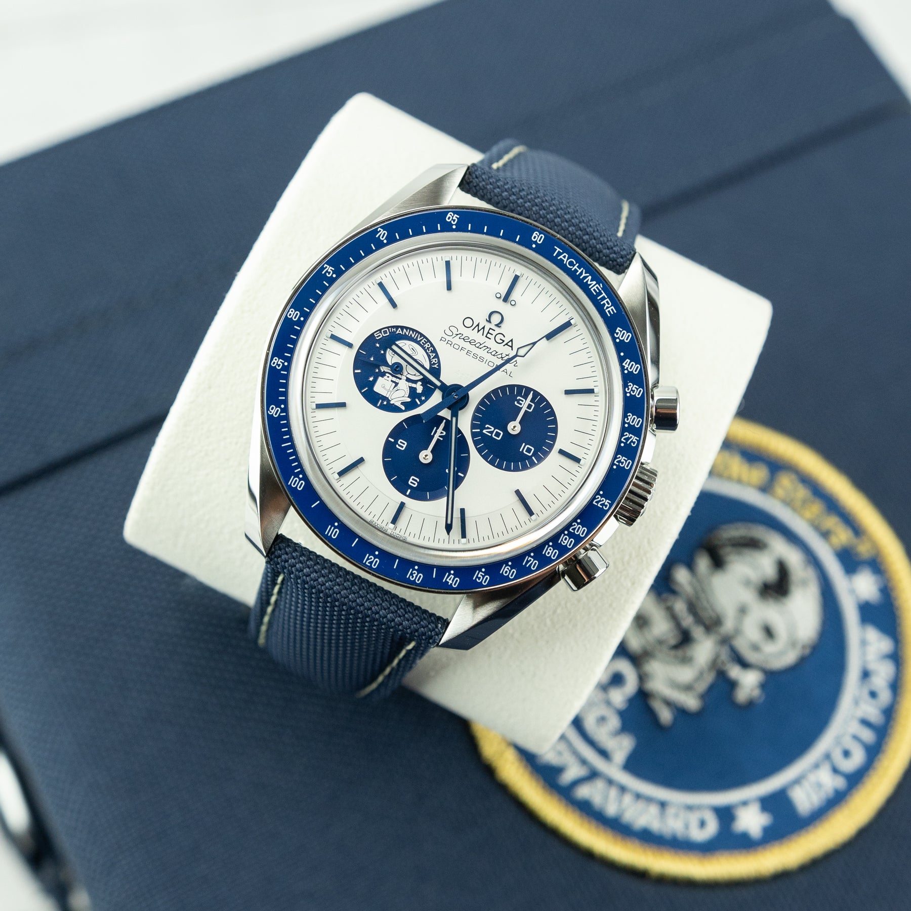 Stickered & Unworn OMEGA Speedmaster 50th Anniversary 'Silver Snoopy Award' at rr jewellers Yarm uk