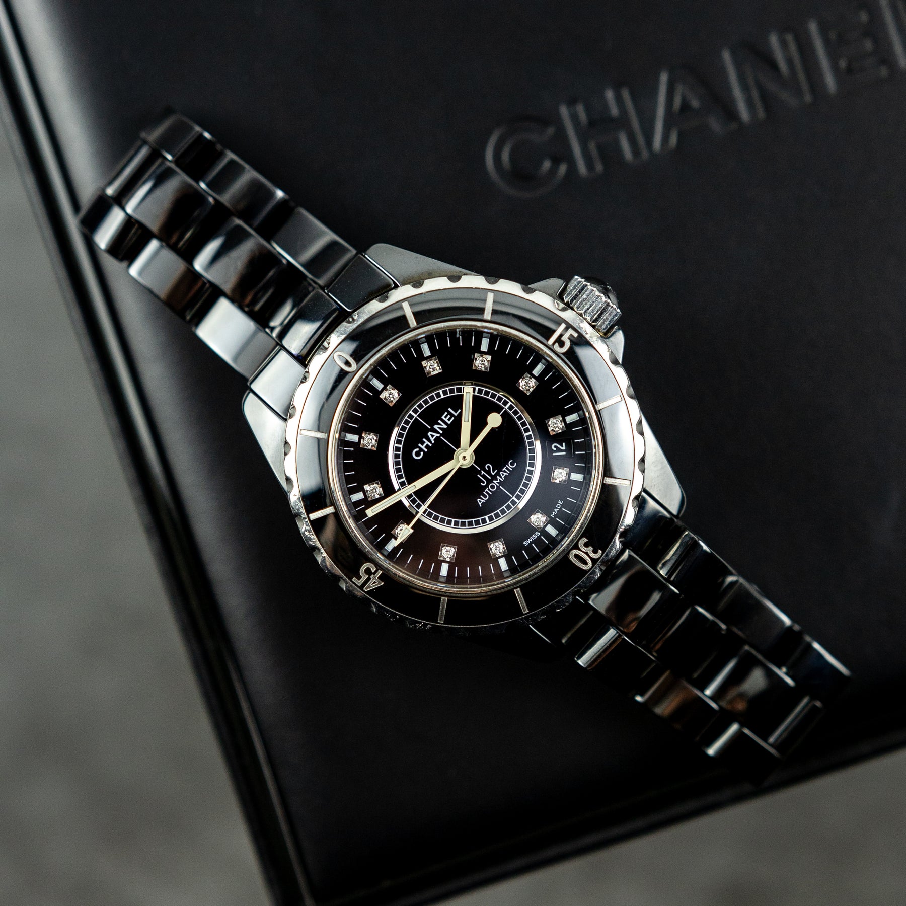 2007 Chanel J12 Date, Black Ceramic & Steel, Diamond Markers, 38mm, H1626 at RR JEWELLERS YARM