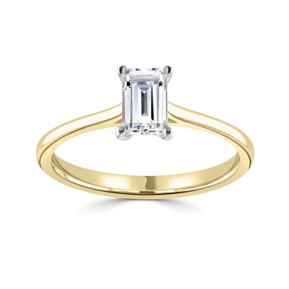 18ct yellow gold 1ct emerald cut lab diamond solitaire ring with slim band