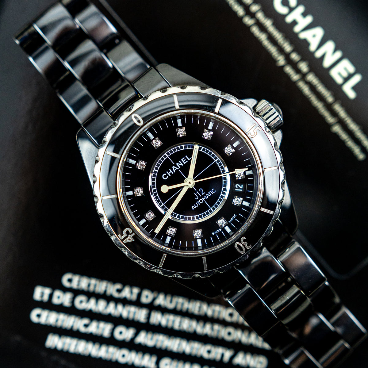 2007 Chanel J12 Date, Black Ceramic & Steel, Diamond Markers, 38mm, H1626 at RR JEWELLERS YARM