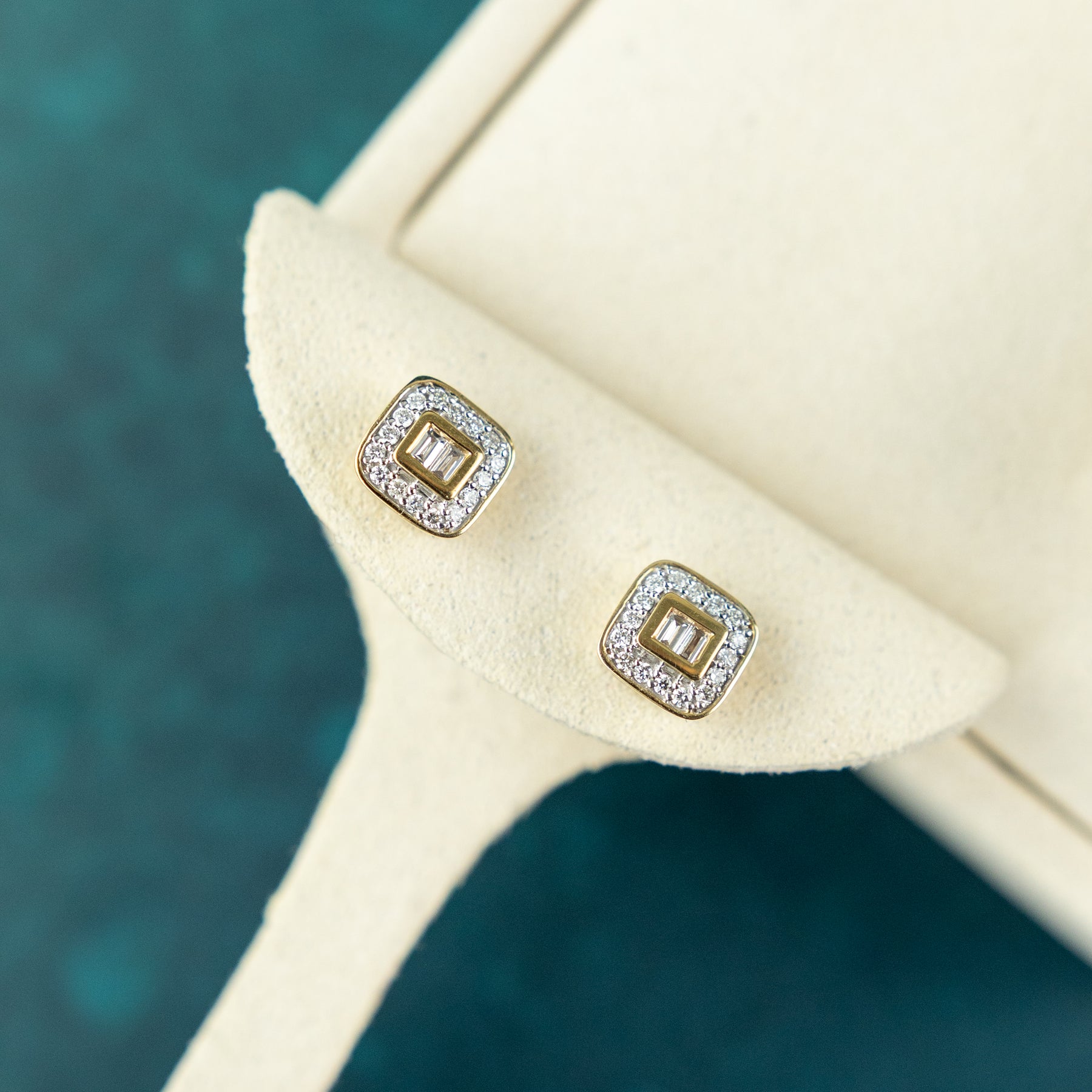 9 Karat Yellow Gold & Diamond Square Halo Studs