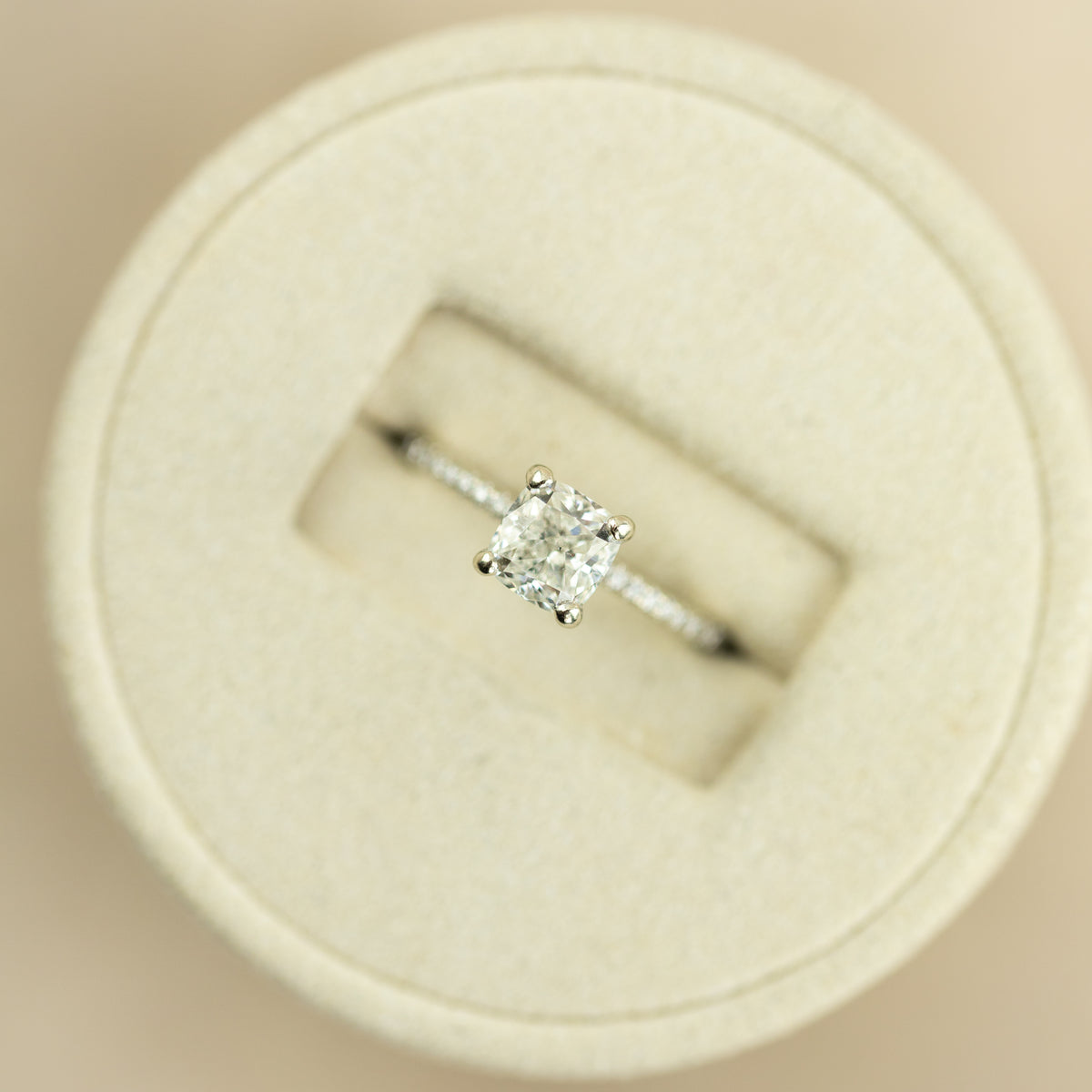 Pre - Loved 14 Karat White 1.02ct Cushion Cut Solitaire Diamond Shoulder Ring at RR Jewellers Yarm UK