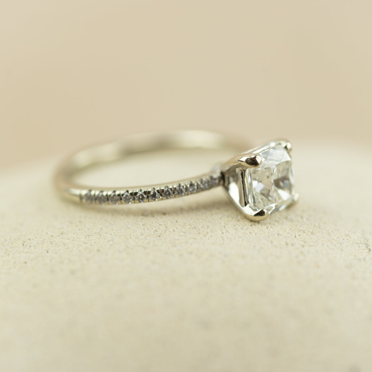 Pre - Loved 14 Karat White 1.02ct Cushion Cut Solitaire Diamond Shoulder Ring at RR Jewellers Yarm UK