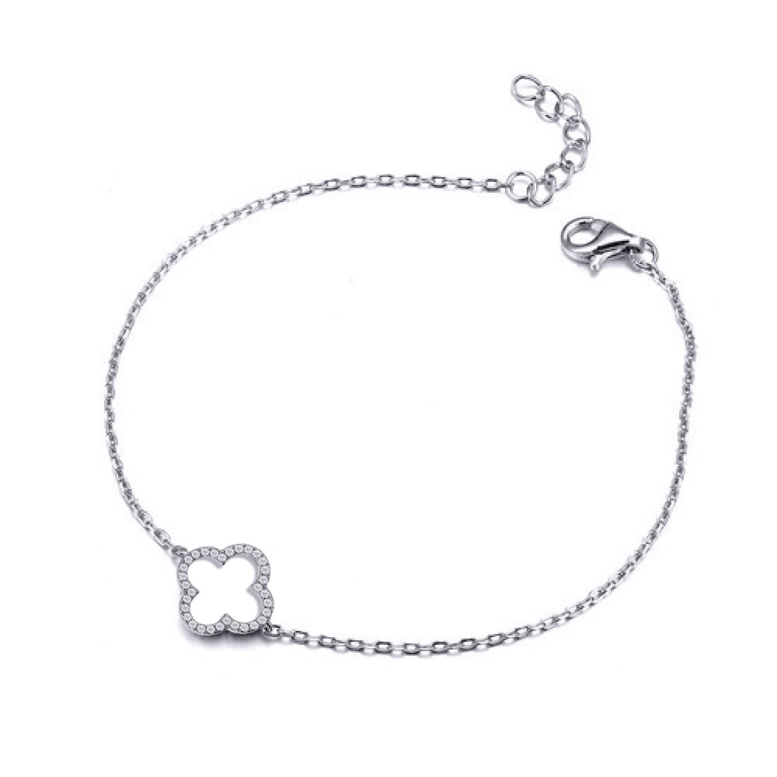 Designer inspired silver rhodium plated cz single open clover bracelet