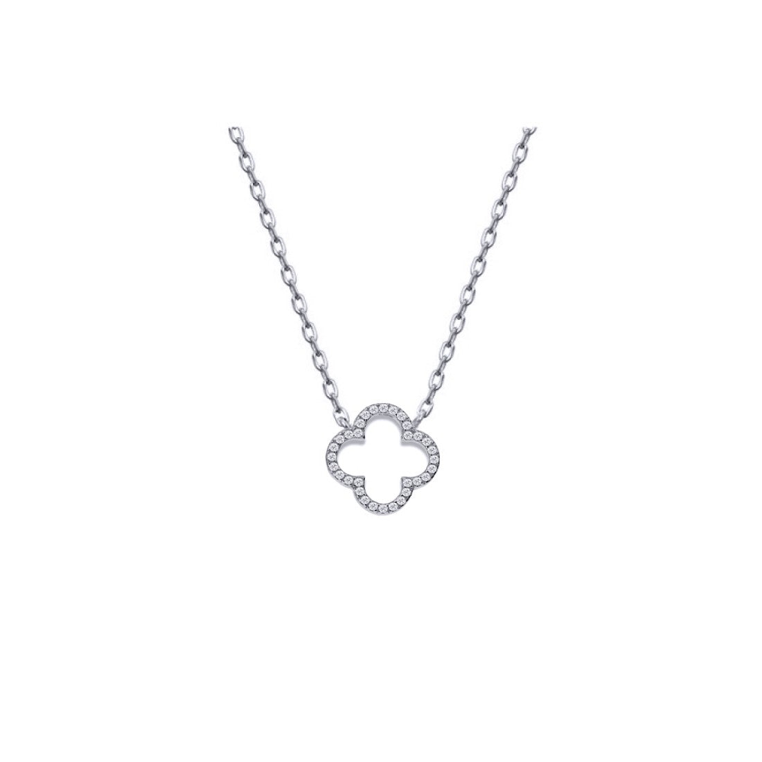 Designer inspired silver rhodium plated cz set open clover necklace