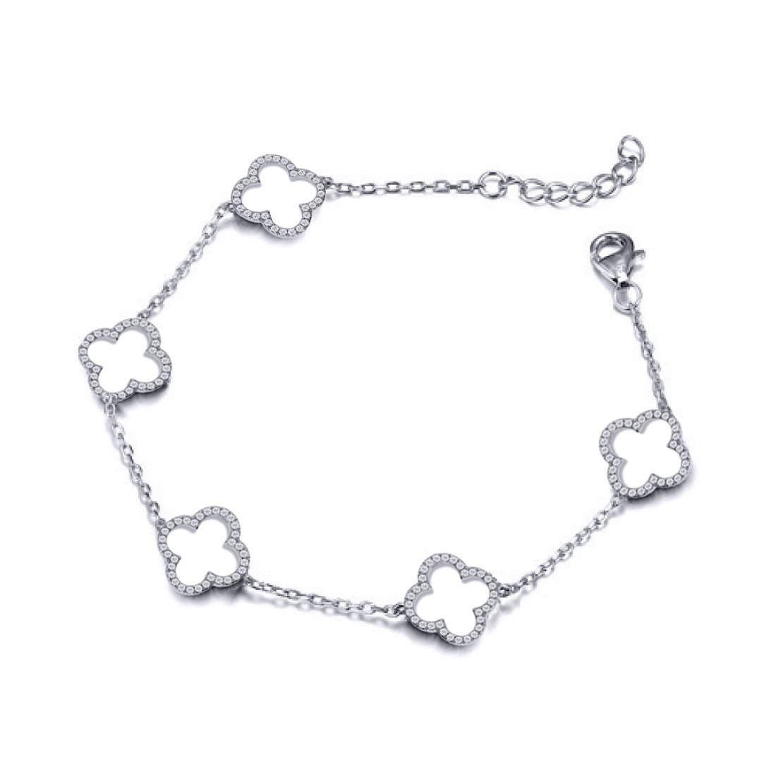 Designer inspired silver rhodium plated 5 cz open clover bracelet