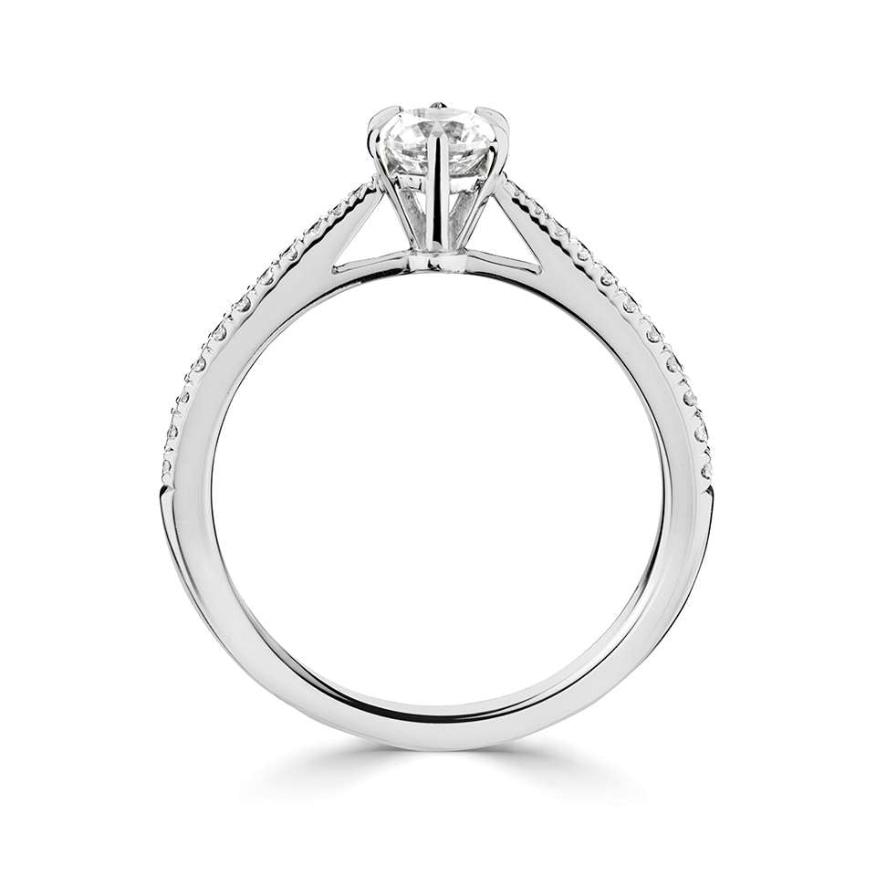 Platinum 0.50ct GIA certificated 6 claw solitaire ring with diamond set shoulders