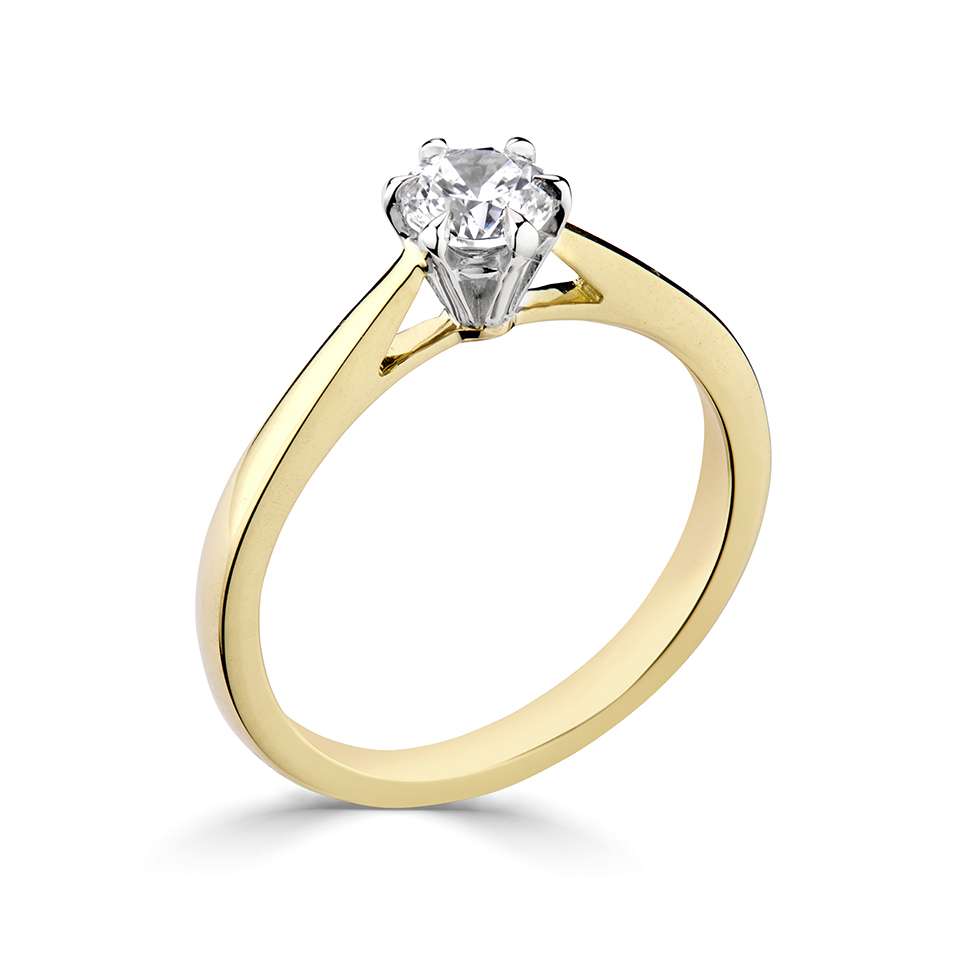 18ct yellow gold round brilliant 0.50ct diamond 6 claw set solitaire ring