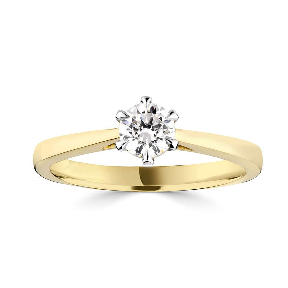 18ct yellow gold round brilliant 0.50ct diamond 6 claw set solitaire ring