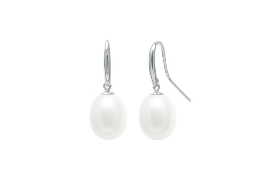 Silver 9-10mm white teardrop cultured river pearl drop earrings